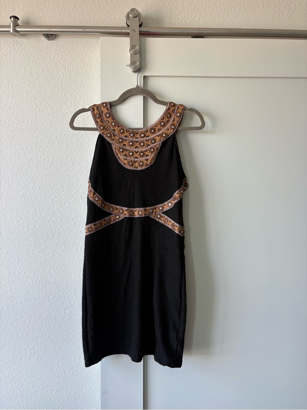Free People Black Mini Dress with Tan Gold Embellished Yoke